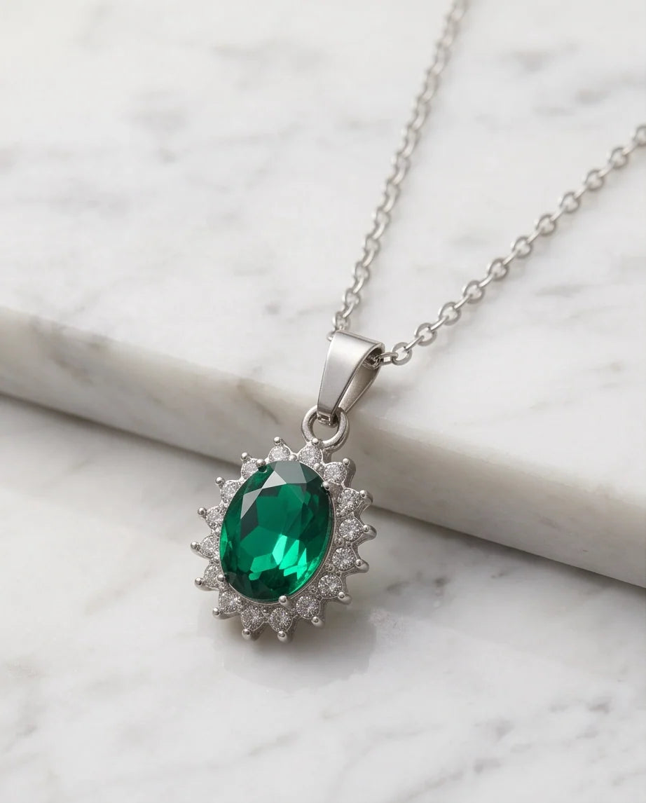 Silver Emerald Green Oval Halo Medallion Pendant Necklace