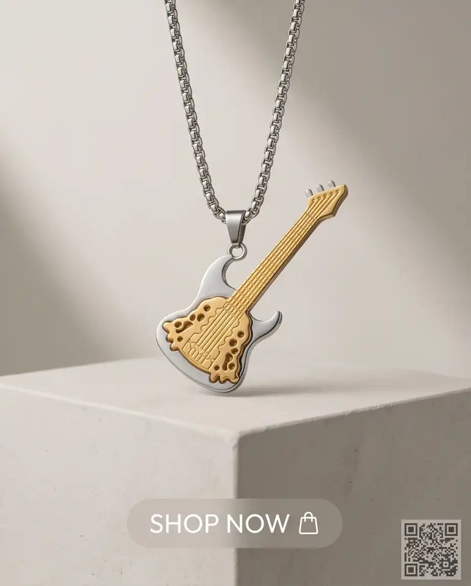 Two-Tone Electric Guitar Pendant Silver Box Chain Necklace