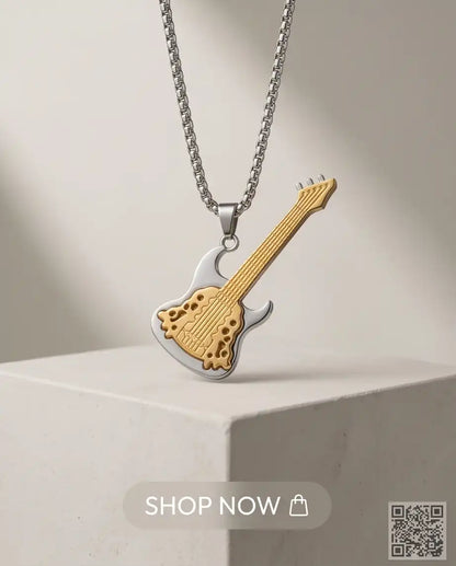 Two-Tone Electric Guitar Pendant Silver Box Chain Necklace