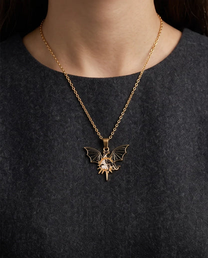 Gold Celestial Winged Dragon Enamel Pendant Necklace