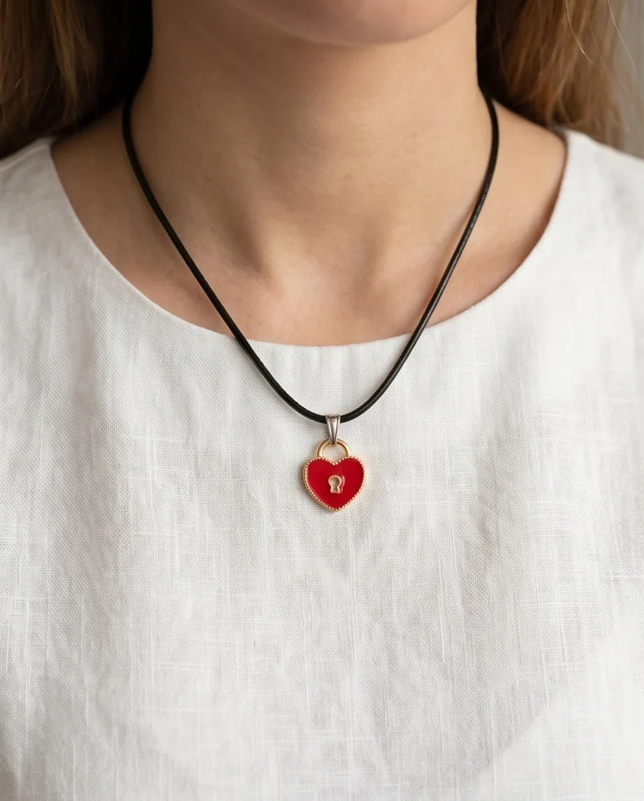 Gold and Red Heart Padlock Necklace