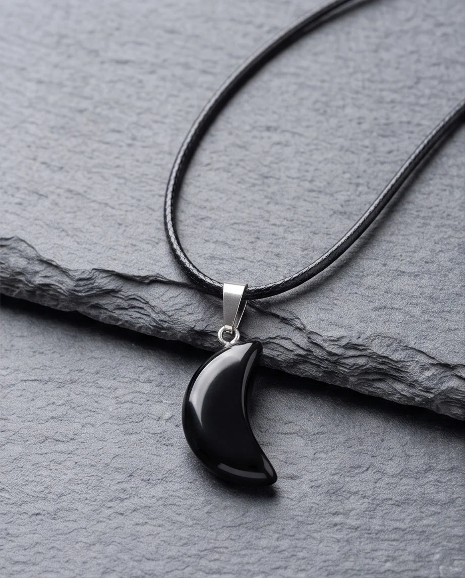Silver Black Obsidian Crescent Moon Pendant Necklace
