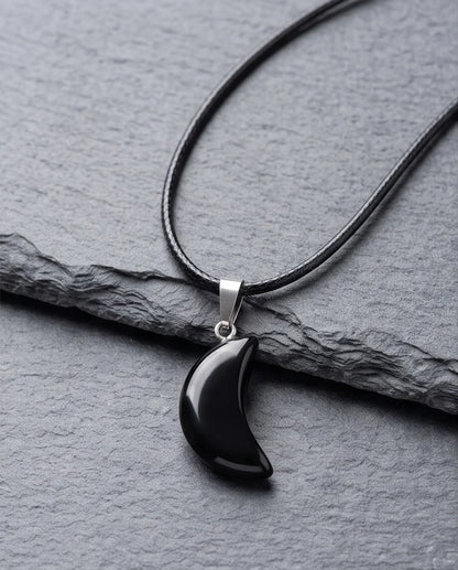 Silver Black Obsidian Crescent Moon Pendant Necklace