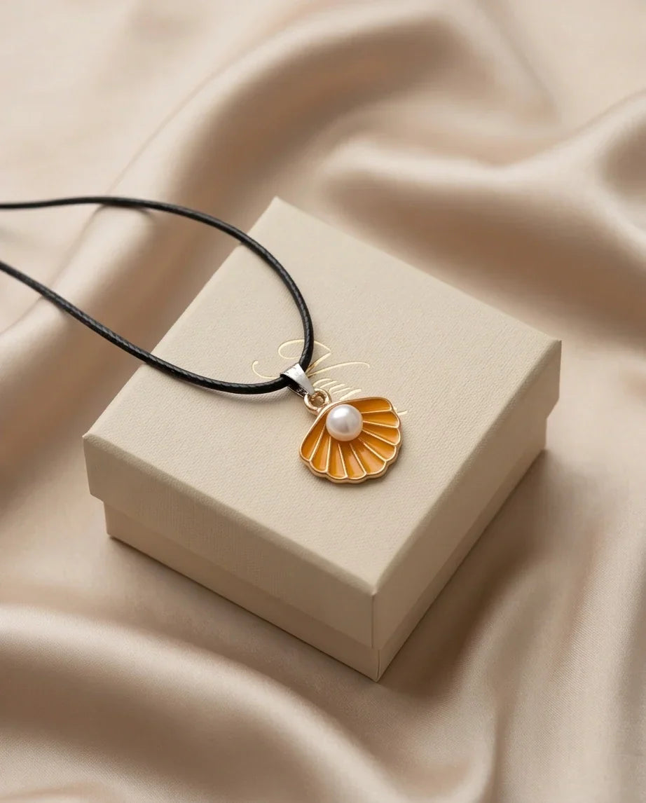 Golden Yellow Seashell Enamel Pendant Necklace with Faux Pearl