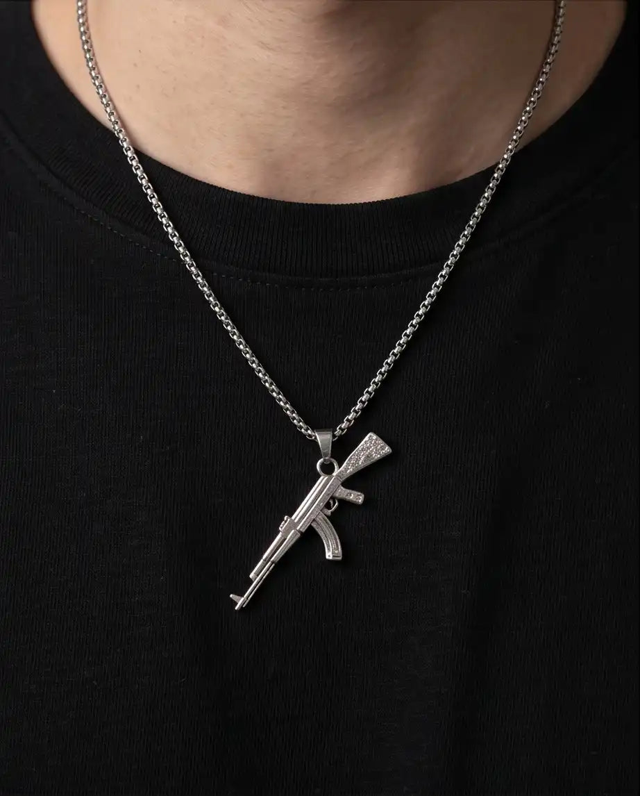 Micro-Pavé CZ Stock Assault Rifle Weapon Pendant Box Chain