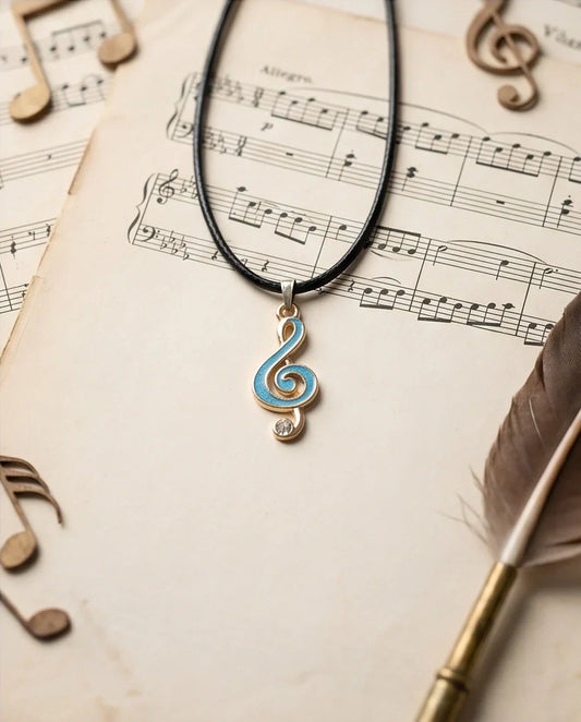 Gold Light Blue Treble Clef Music Necklace