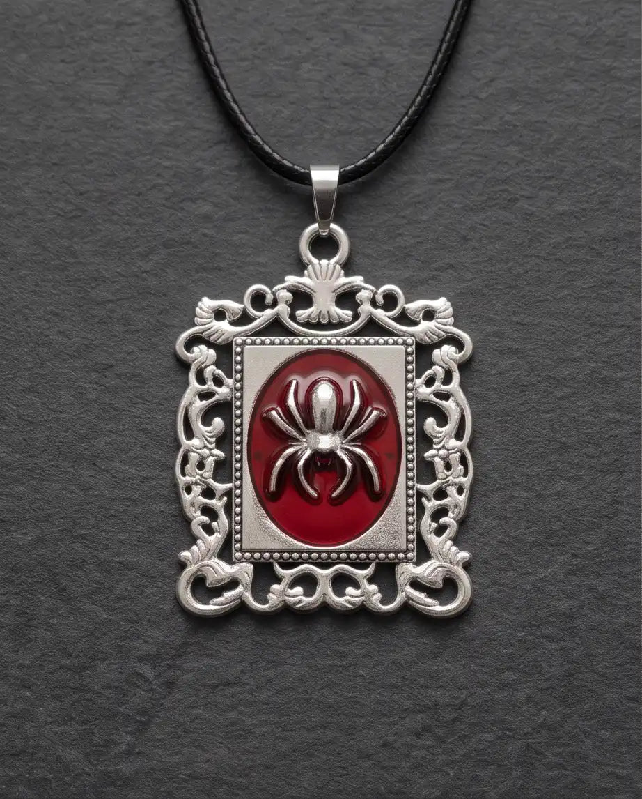 Gothic Red Enamel Spider Filigree Pendant Box Chain