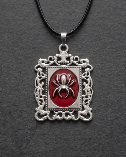 Gothic Red Enamel Spider Filigree Pendant Box Chain