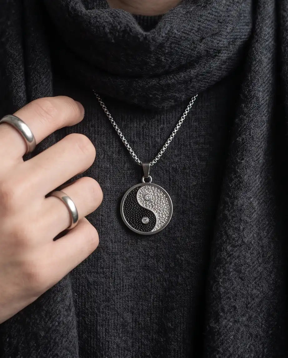 Cubic Zirconia Stippled Yin Yang Medallion Silver Box Chain Necklace