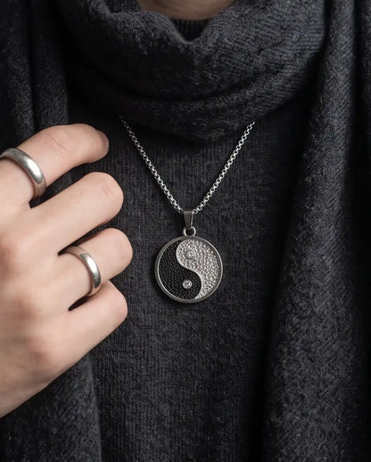 Cubic Zirconia Stippled Yin Yang Medallion Silver Box Chain Necklace