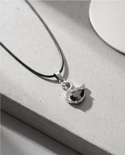 Silver Black Crystal Swan Pendant Necklace