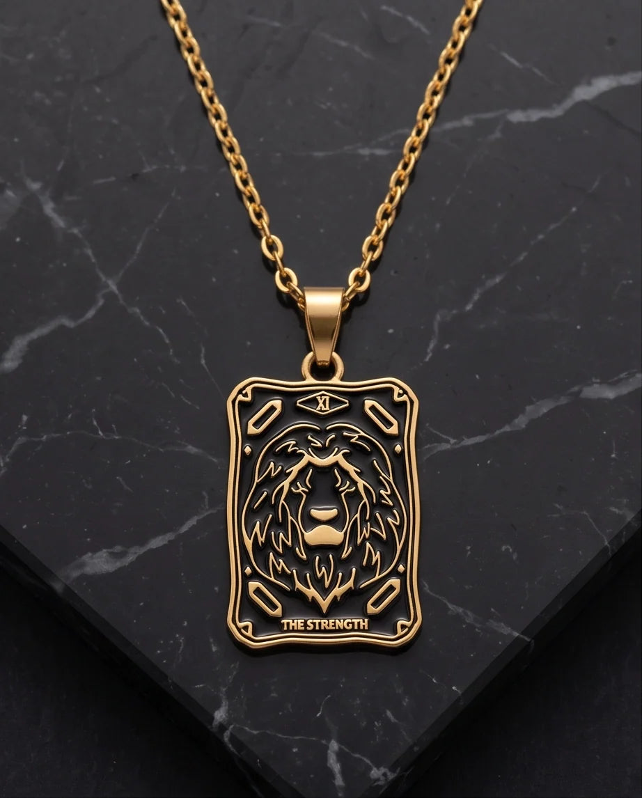 Gold "Strength" Lion Tarot Card Pendant Necklace