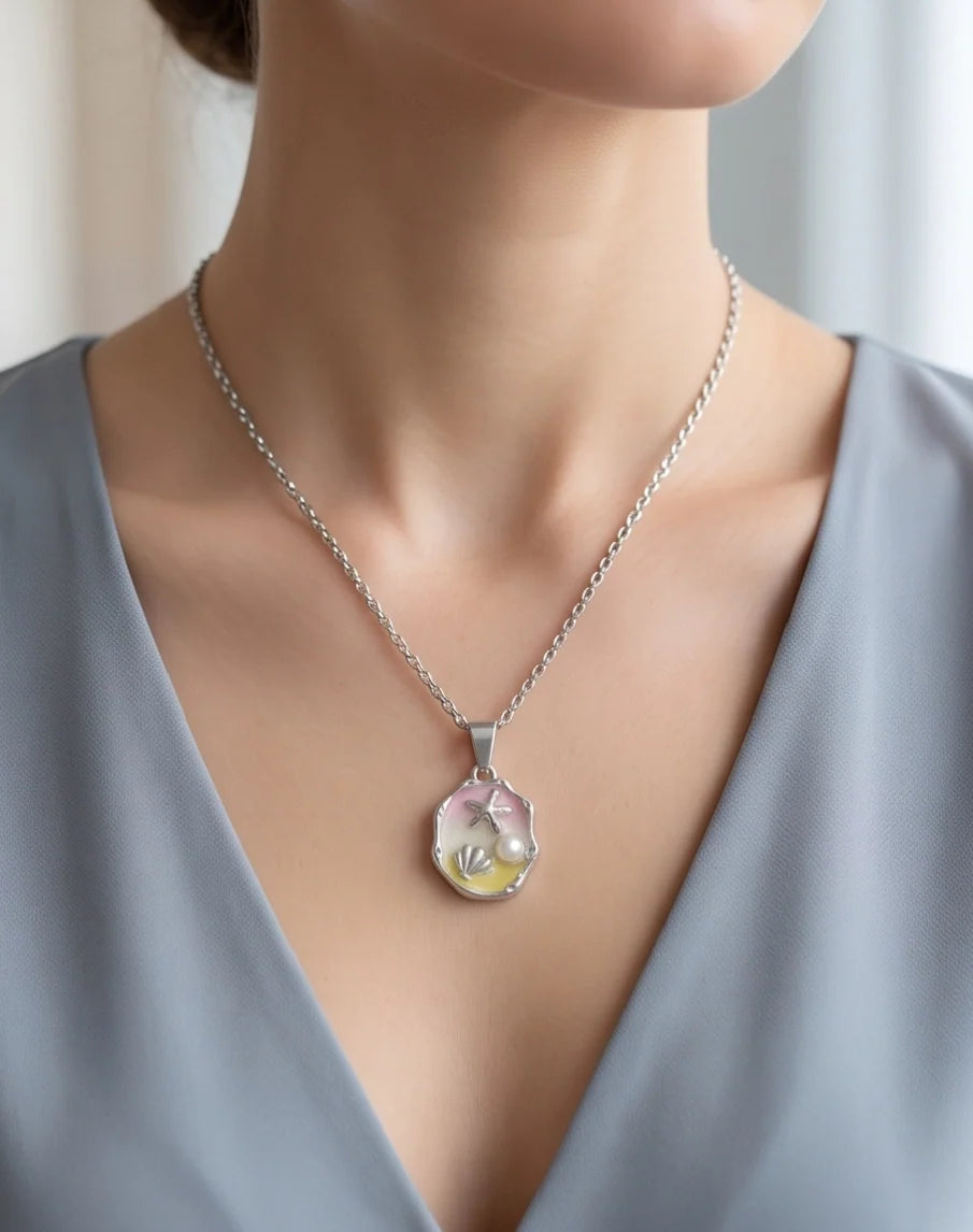 Silver Seashell Starfish Pearl Enamel Medallion Chain Necklace