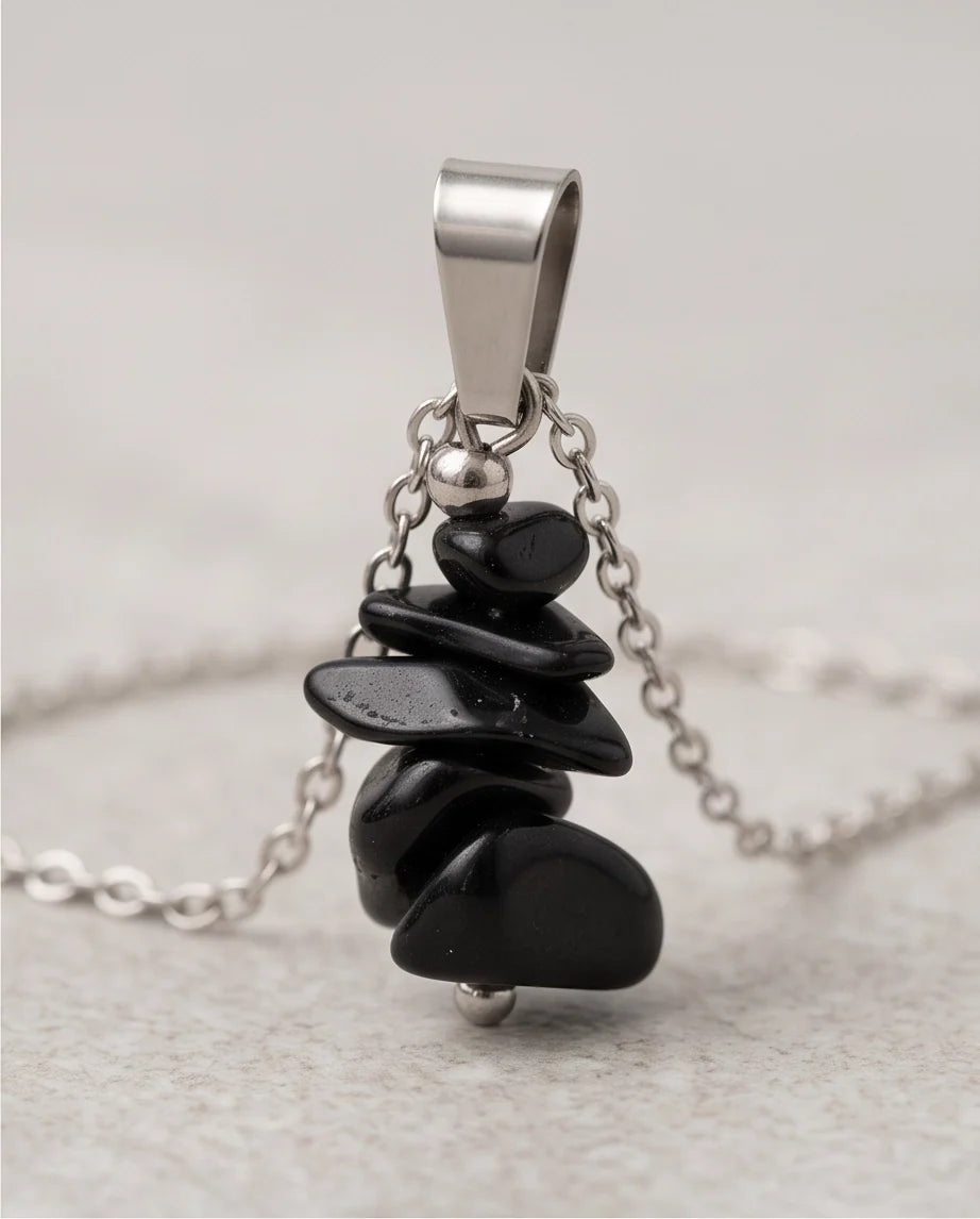 Silver Stacked Raw Black Obsidian Chip Stone Pendant Necklace