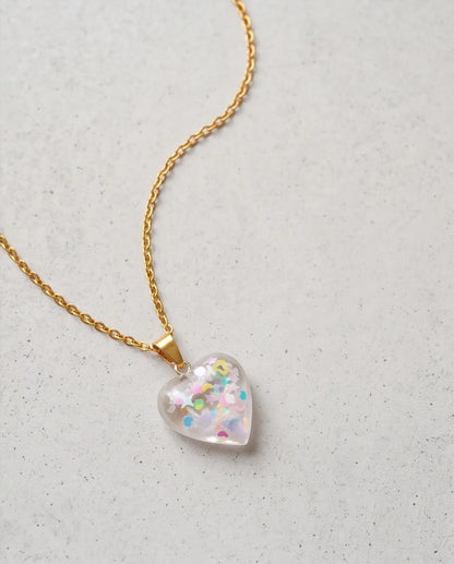 Silver Iridescent Confetti Clear Heart Resin Pendant Necklace