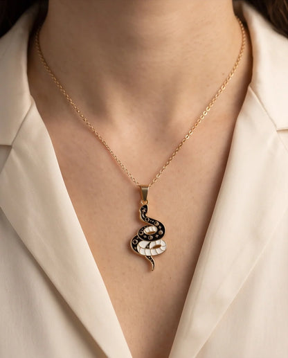Gold Moon Phase Snake Enamel Pendant Necklace