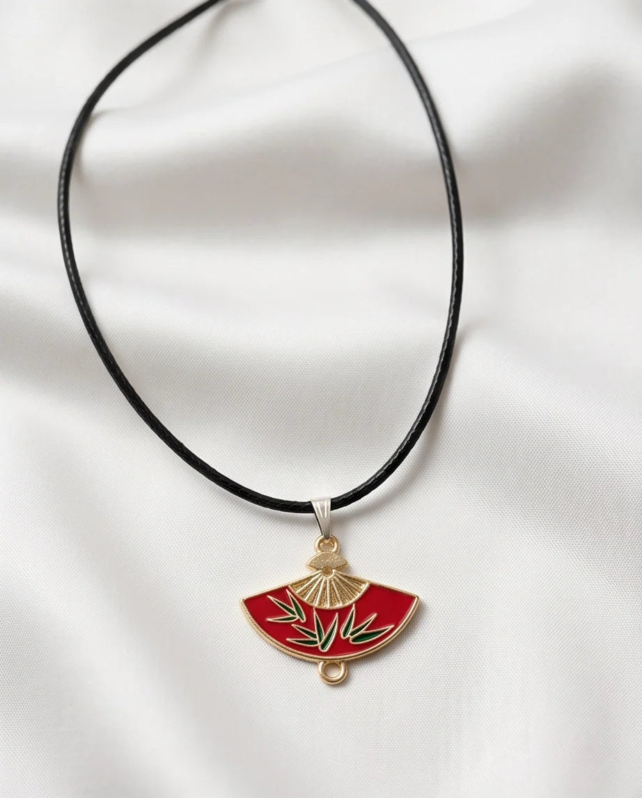 Crimson Bamboo Fan Pendant Necklace