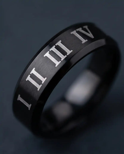 Black Roman Numeral Engraved Band Ring