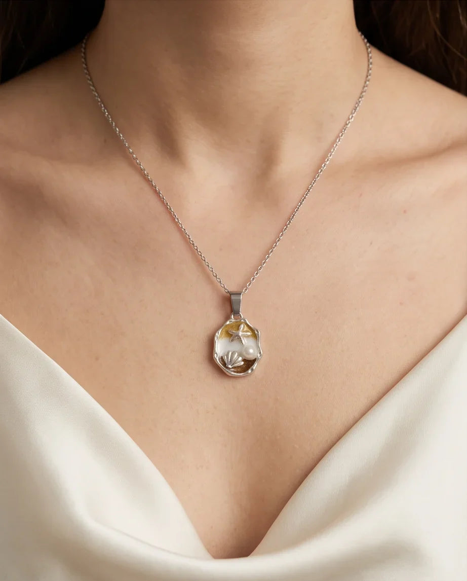 Silver Gold Seashell Starfish Pearl Enamel Medallion Chain Necklace