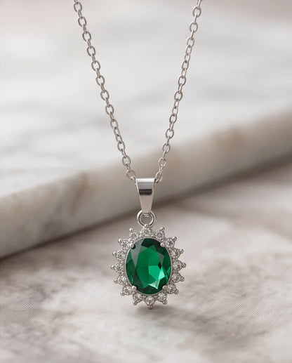 Silver Emerald Green Oval Halo Medallion Pendant Necklace