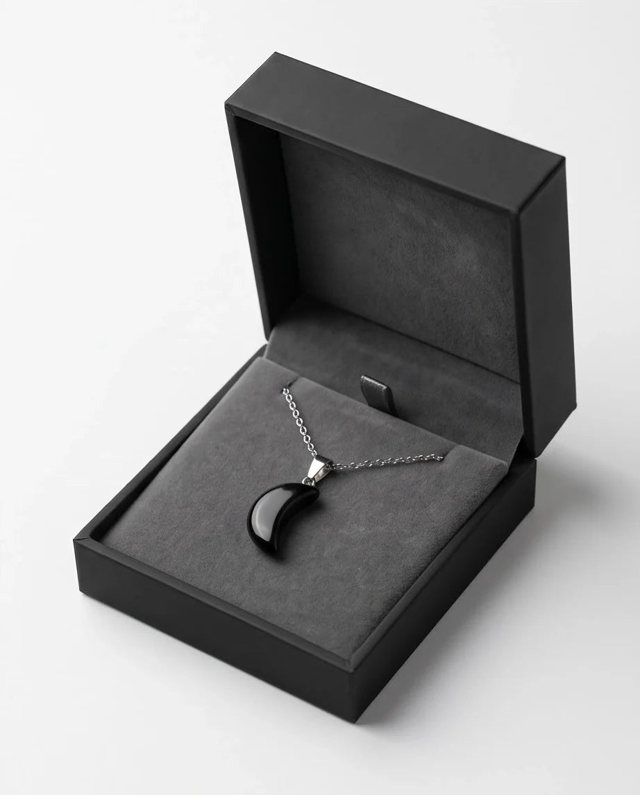 Silver Black Obsidian Crescent Moon Pendant Necklace