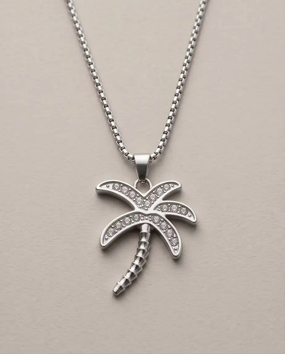 Iced Palm Tree Pendant Silver Box Chain Necklace