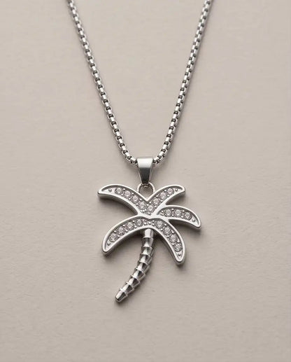 Iced Palm Tree Pendant Silver Box Chain Necklace