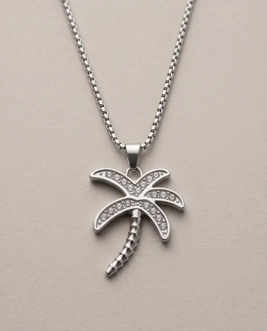 Iced Palm Tree Pendant Silver Box Chain Necklace