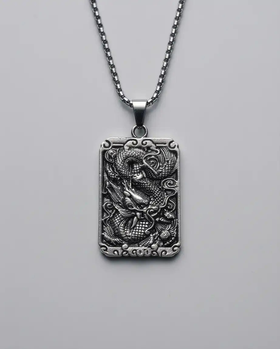 Mythological Dragon Rectangle Dog Tag Pendant Box Chain