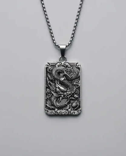 Mythological Dragon Rectangle Dog Tag Pendant Box Chain