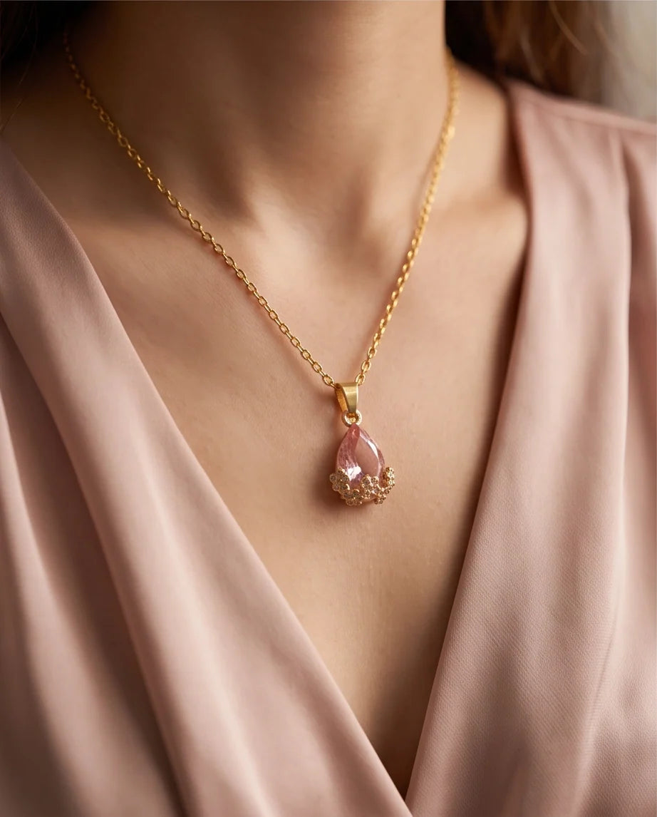 Gold Pink Teardrop Floral Basket Pendant Necklace