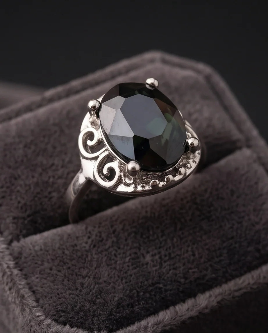 Silver Oval Onyx Filigree Solitaire Ring
