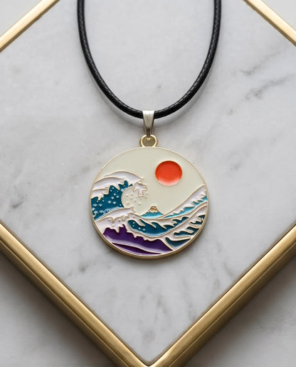 Great Wave & Sun Medallion Pendant Necklace