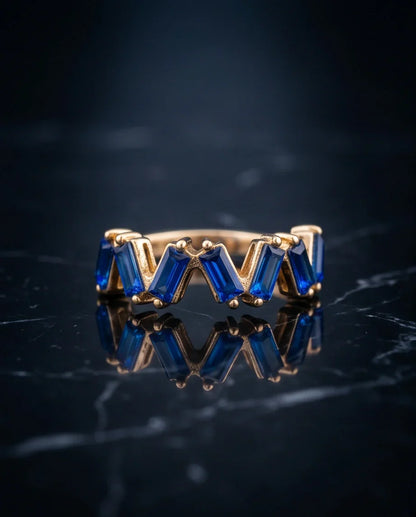 Gold Plated Blue Sapphire Baguette Zigzag Ring