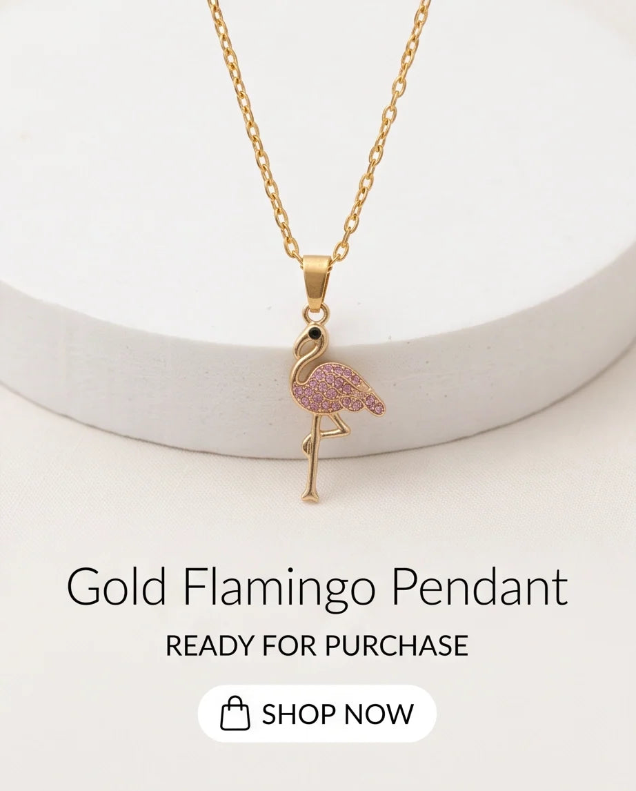 Gold Pink Crystal Paved Flamingo Pendant Necklace