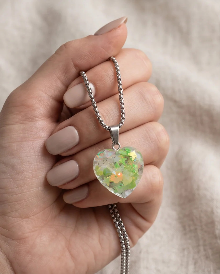 Silver Lime Green Glitter Heart Resin Pendant Necklace