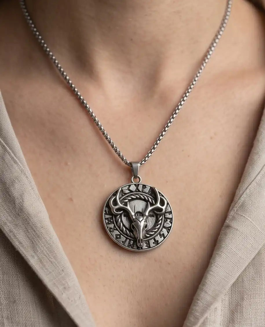 Antiqued Norse Rune Deer Skull Pendant Box Chain
