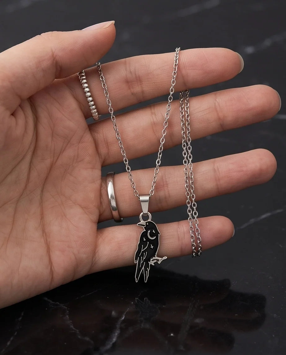 Silver Celestial Raven Pendant Necklace