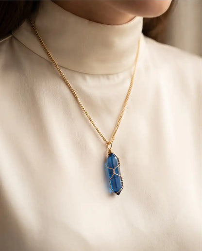 Wire-Wrapped Deep Blue Crystal Point Pendant Box Chain