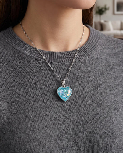 Silver Light Blue Glitter Heart Resin Pendant Necklace