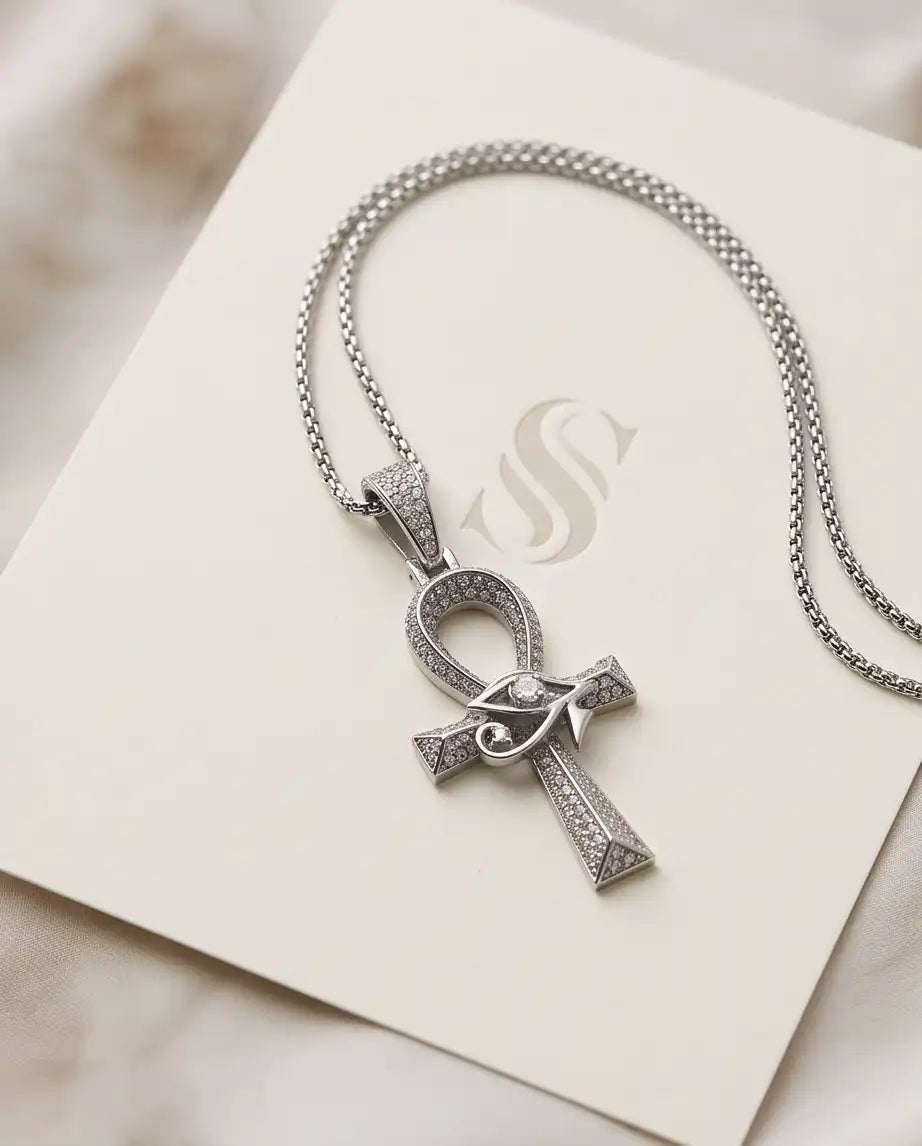 Iced Egyptian Ankh Cross & Eye of Horus Pendant Silver Box Chain Necklace