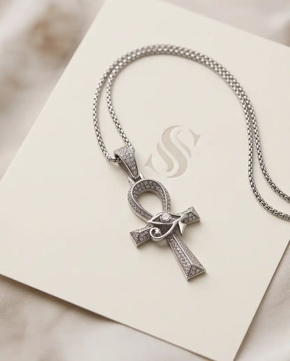 Iced Egyptian Ankh Cross & Eye of Horus Pendant Silver Box Chain Necklace