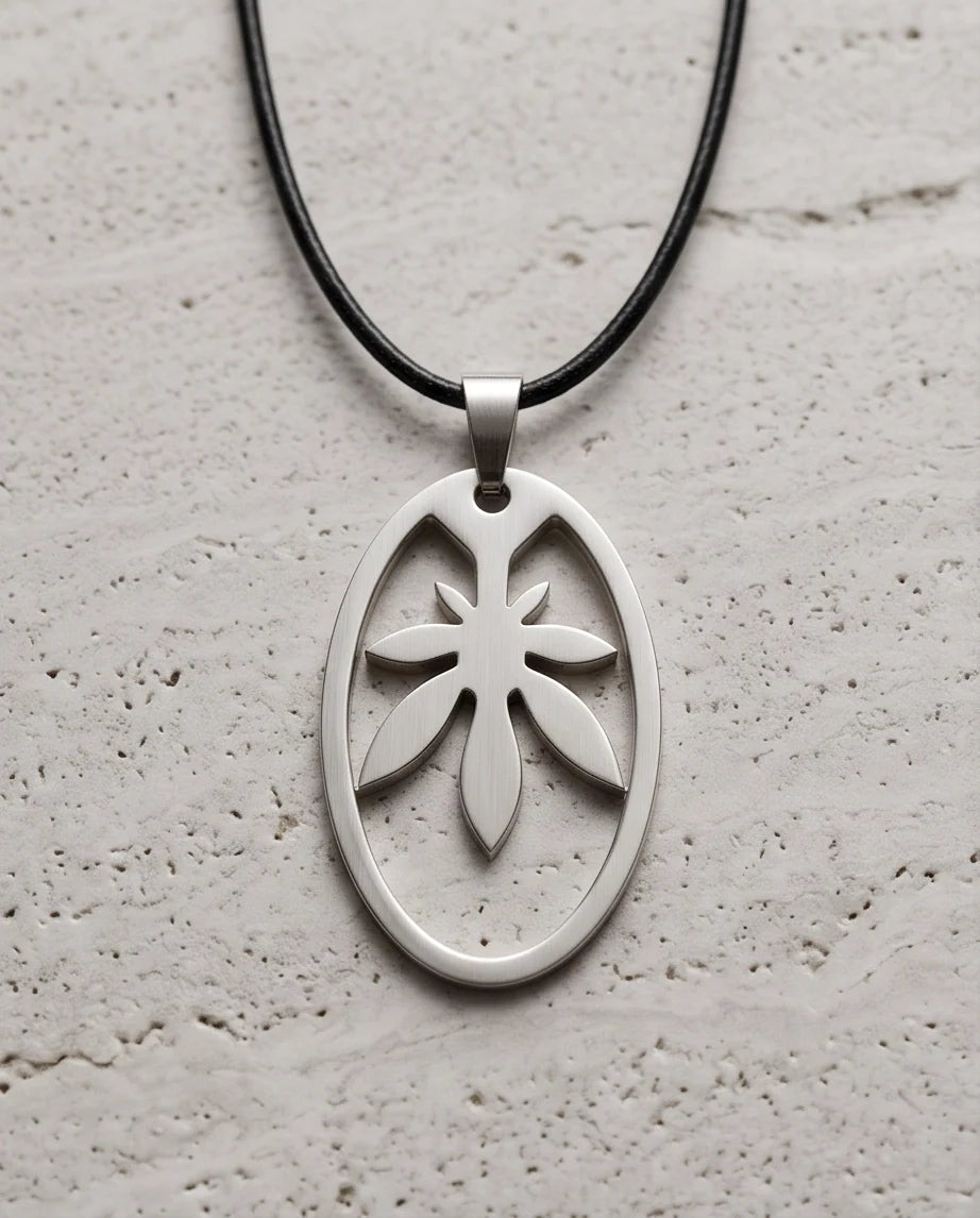 Brushed Silver Leaf Oval Cord Necklace