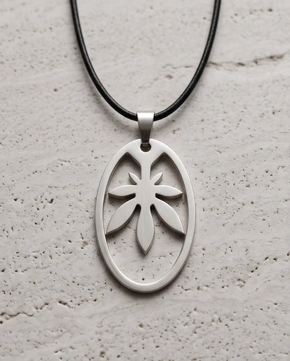 Brushed Silver Leaf Oval Cord Necklace