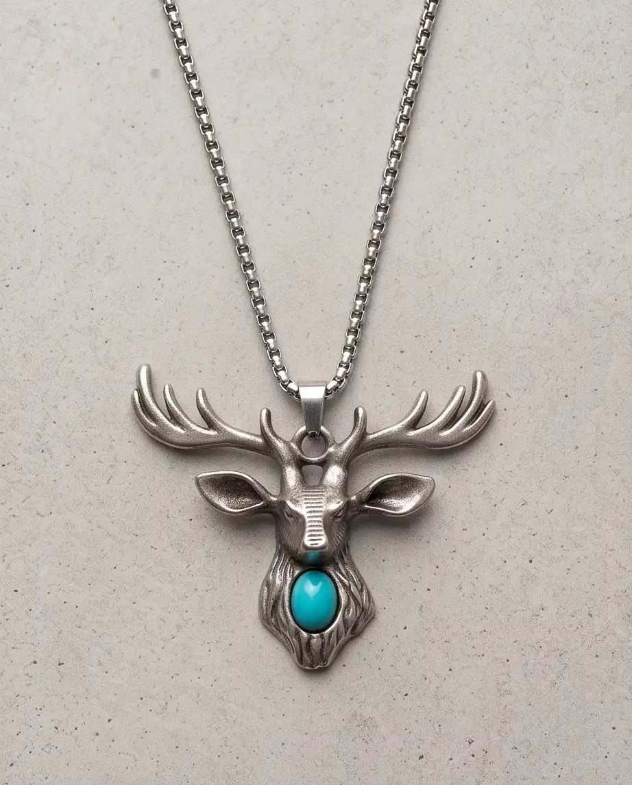 Turquoise Stone Stag Head Pendant Box Chain
