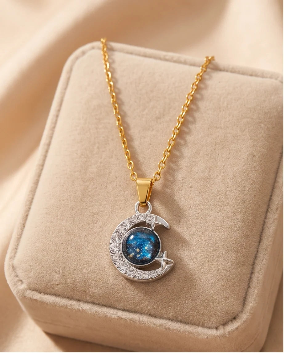 Silver Cosmic Galaxy Crescent Moon Pendant Necklace