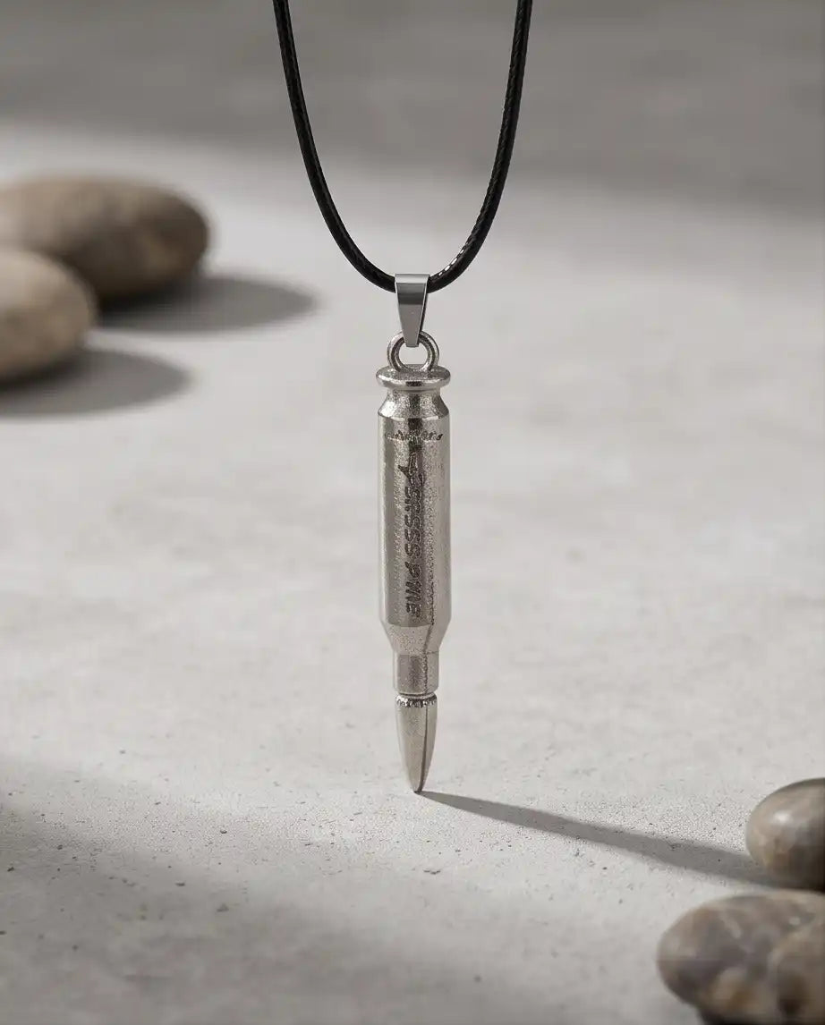 Engraved Bullet Pendant Silver Box Chain Necklace