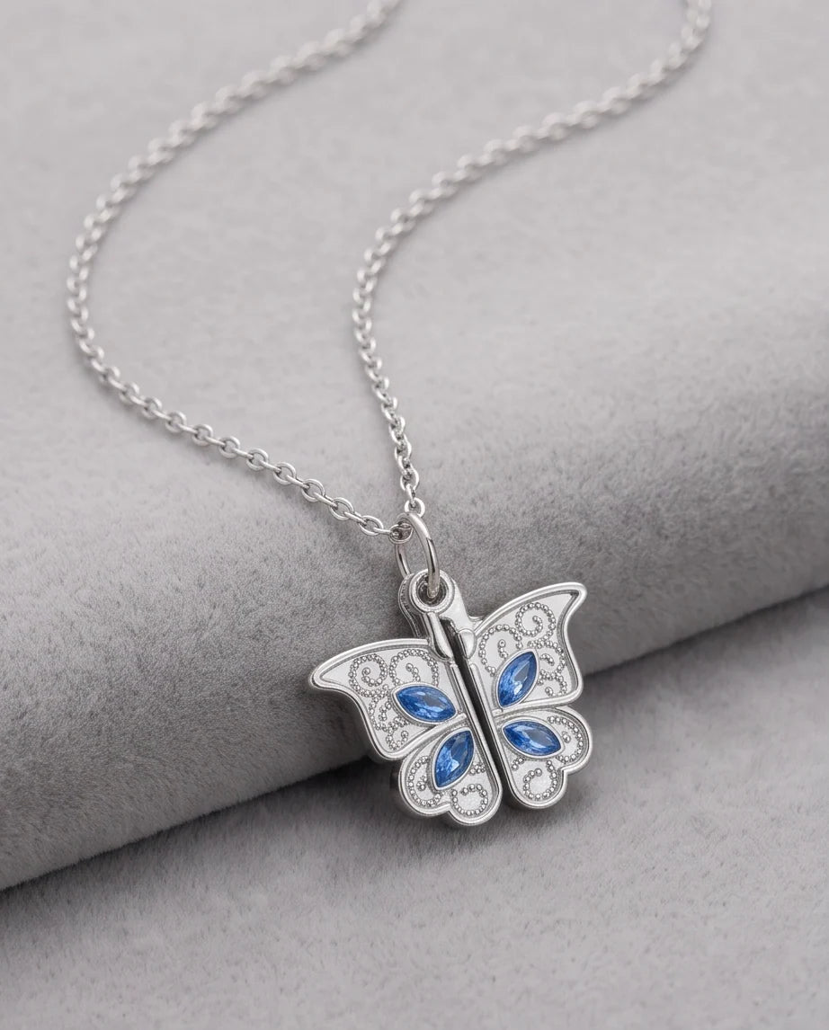 Silver Butterfly Secret Heart Pendant Necklace