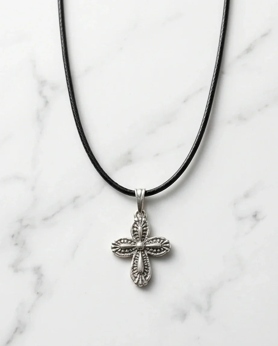 Silver Textured Petal Cross Necklace