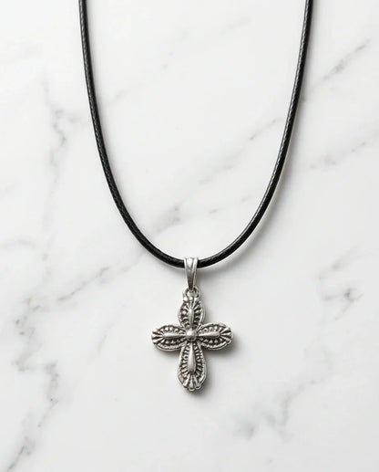 Silver Textured Petal Cross Necklace